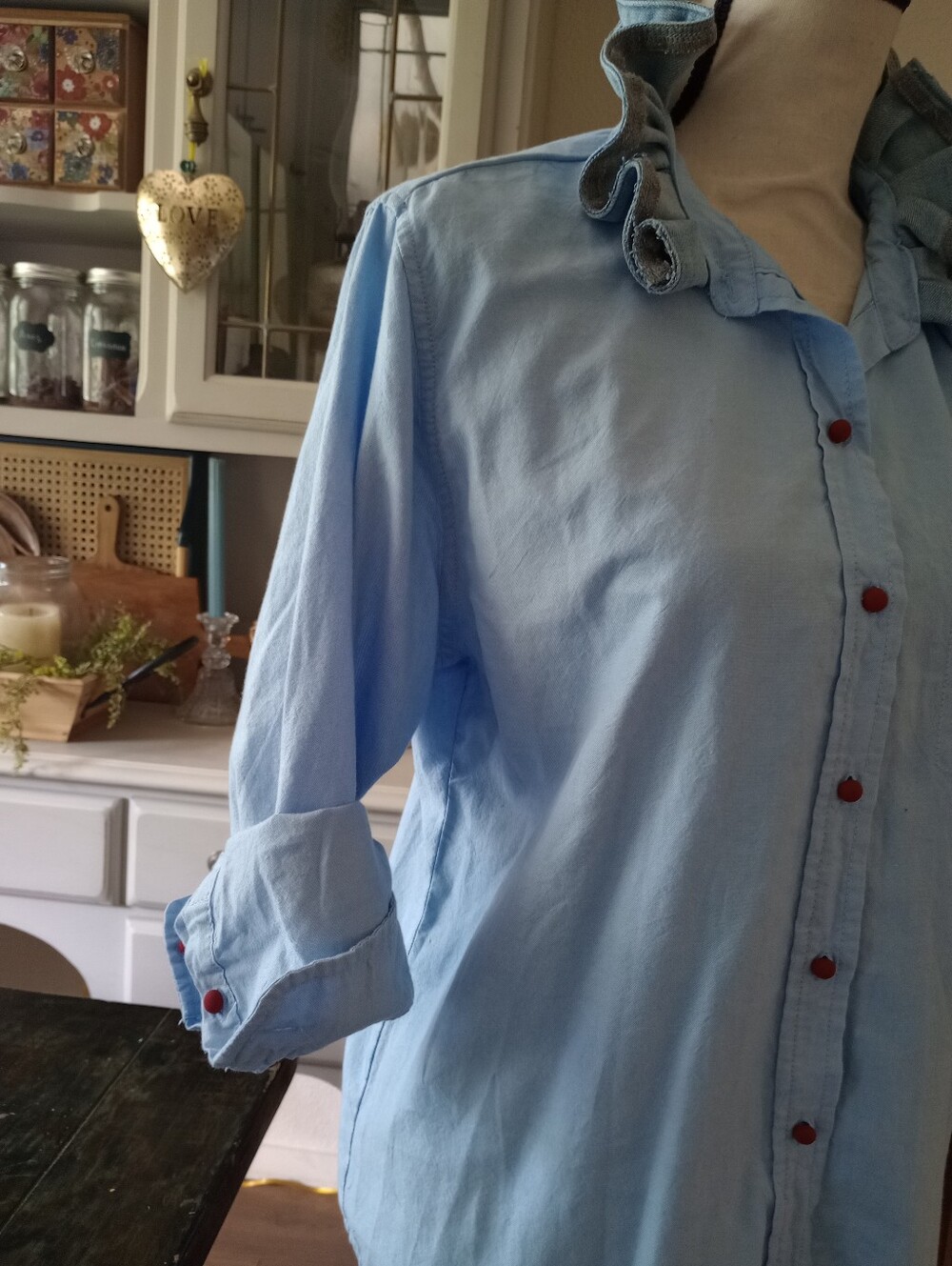 Light Blue Ruffle Collar Button-Up Shirt - Picture 5 of 10